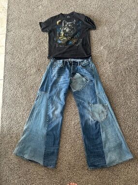 AllSaints Patchwork Blue Flared Jeans inseam 32 inches